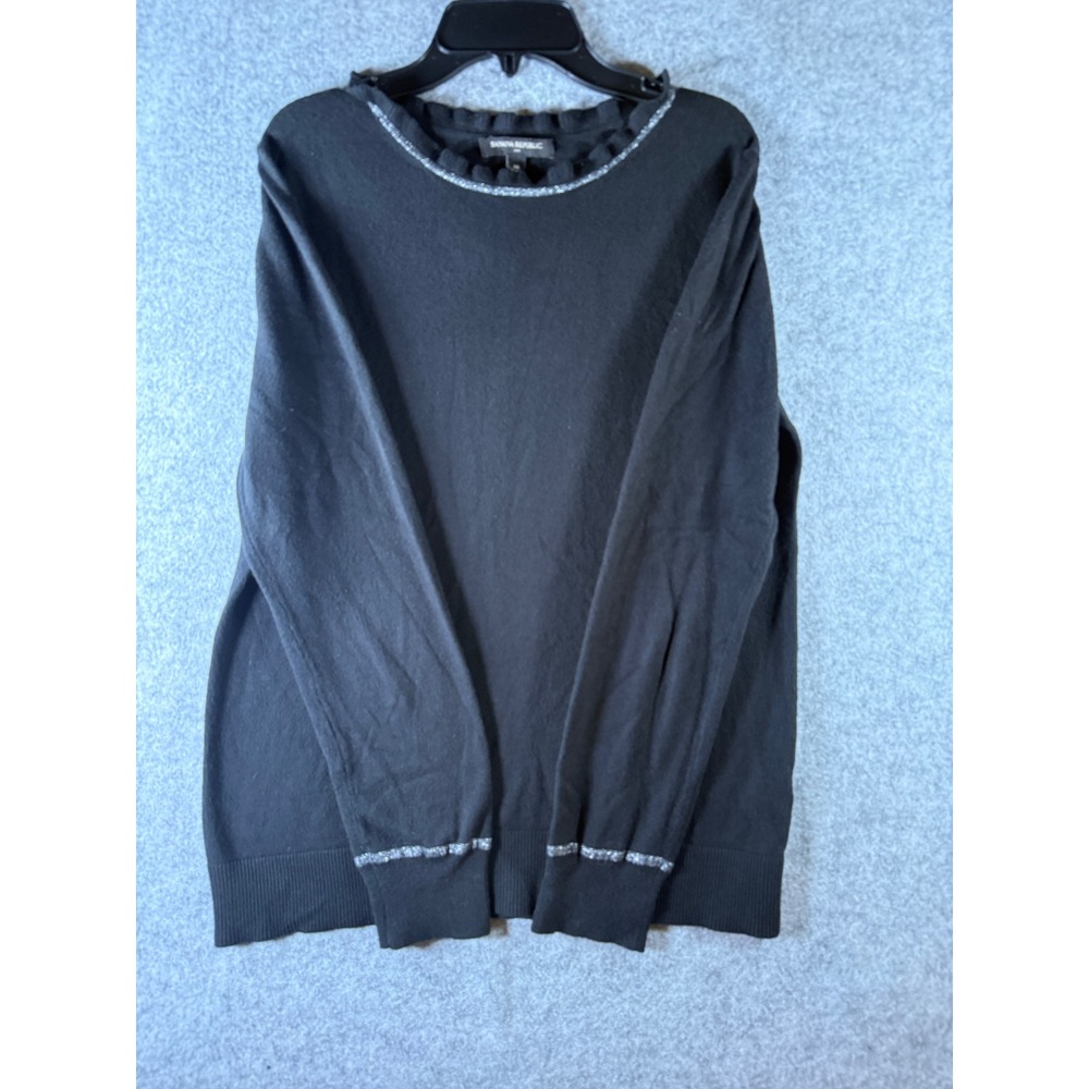 Banana Republic Womens Black Ruffle Neck Silver Metallic Trim Sweater Medium